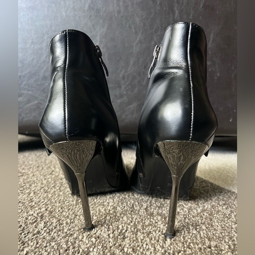 Bruno Cantini Black Leather Narrow Point Zip-up Booties 2 Crystal Accents - 35 - Picture 4 of 11